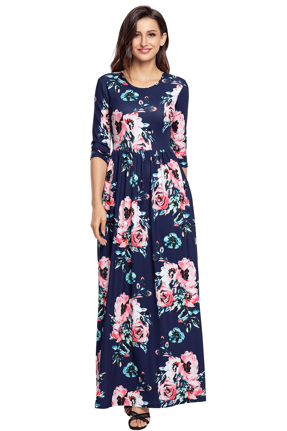 Classic Floral Print Navy 3/4 Sleeve Maxi Dress.