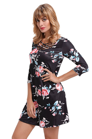 Black Fence Neck Floral Print T Shirt Dress