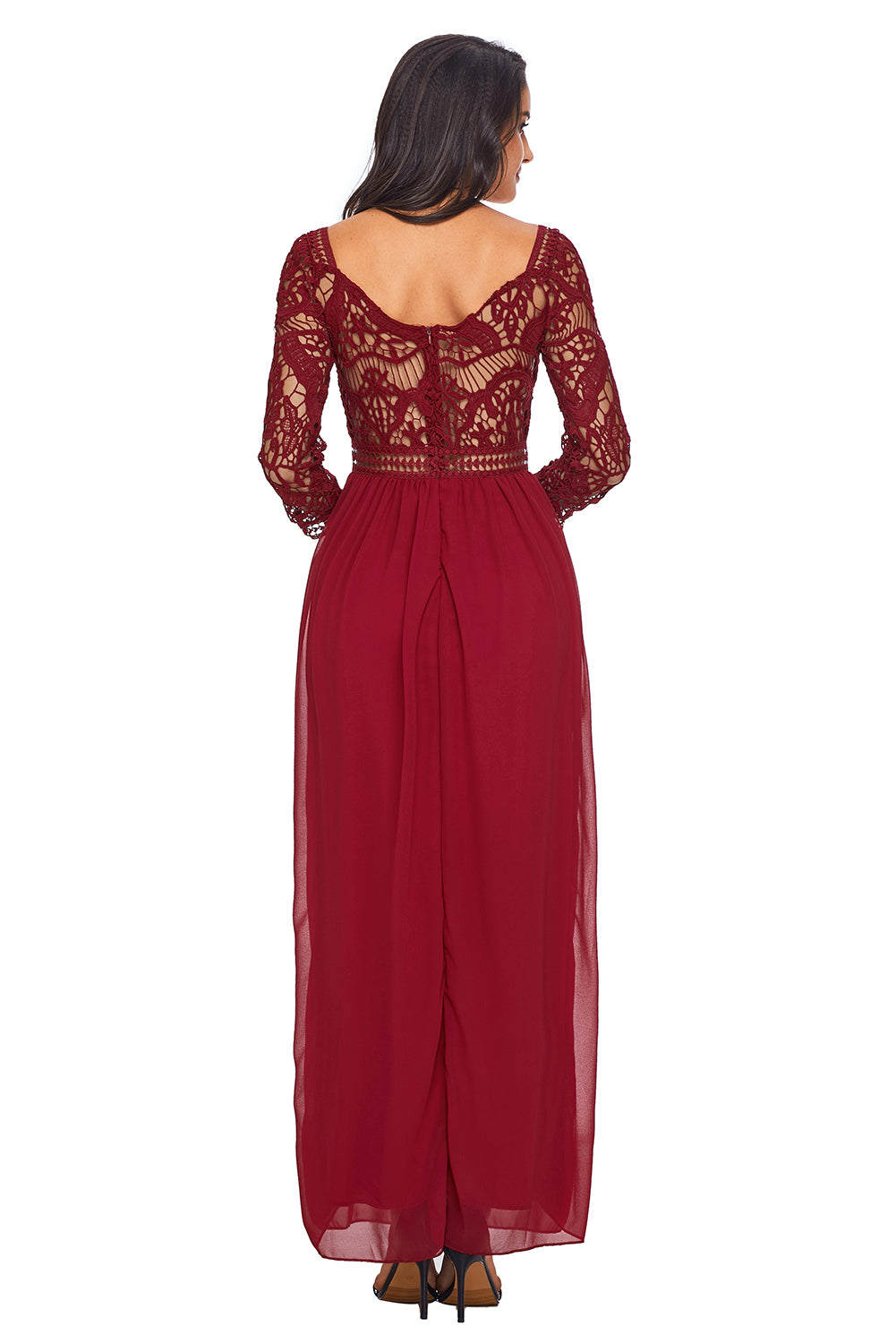 Wine Lace Crochet Quarter Sleeve Maxi Dress
