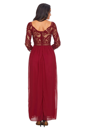 Wine Lace Crochet Quarter Sleeve Maxi Dress