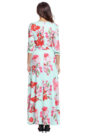 Turquoise Floral Print Wrapped Long Boho Dress