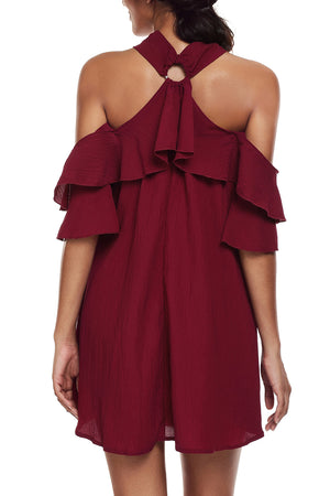 Burgundy Adorable Sexy O Ring Detail Ruffle Dress