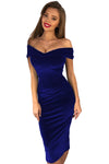 Blue Off Shoulder Ruched Velvet Party Dress