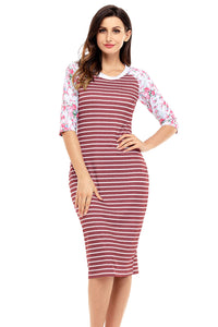 Wine White Stripe Floral Sleeve Midi Dress
