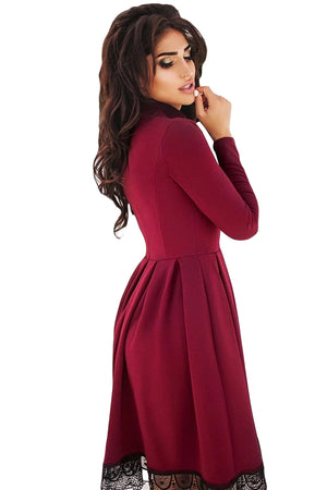 Lace Hemline Detail Burgundy Long Sleeve Skater Dress