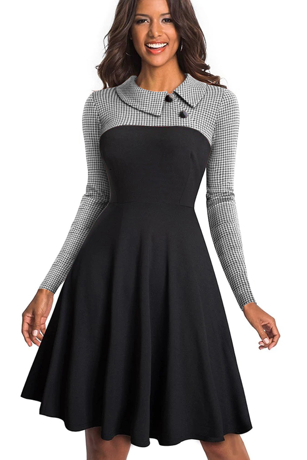 White Vintage Turn-Down Collar Pinup Button A-Line Dress