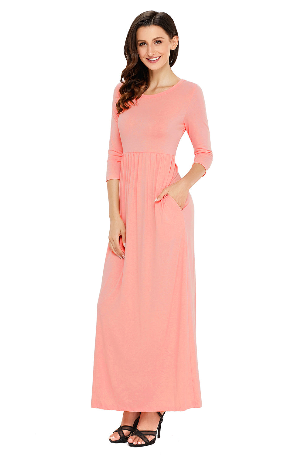 Pink Pocket Design 3/4 Sleeves Maxi Dress
