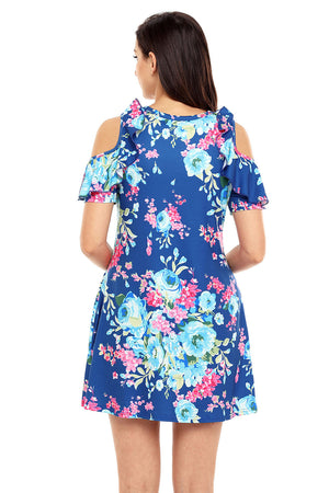 Ruffled Cold Shoulder Blue Floral Dress