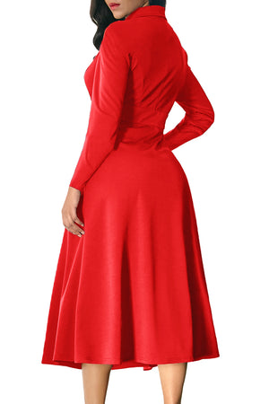Red Vintage Button Collared Fit-and-flare Dress