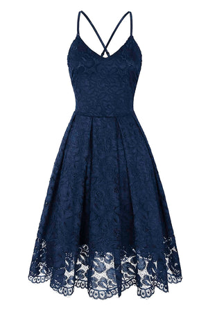 Blue Lace Floral V Neck Backless Cocktail A-Line Dress