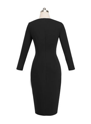 Black Elegant Vintage Split Belted Bodycon Office Dress