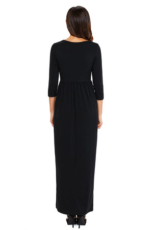 Black Pocket Design 3/4 Sleeves Maxi Dress