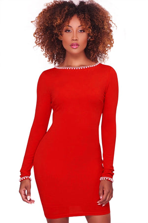 Gold Details Pearl Embellished Red Bodycon Dress
