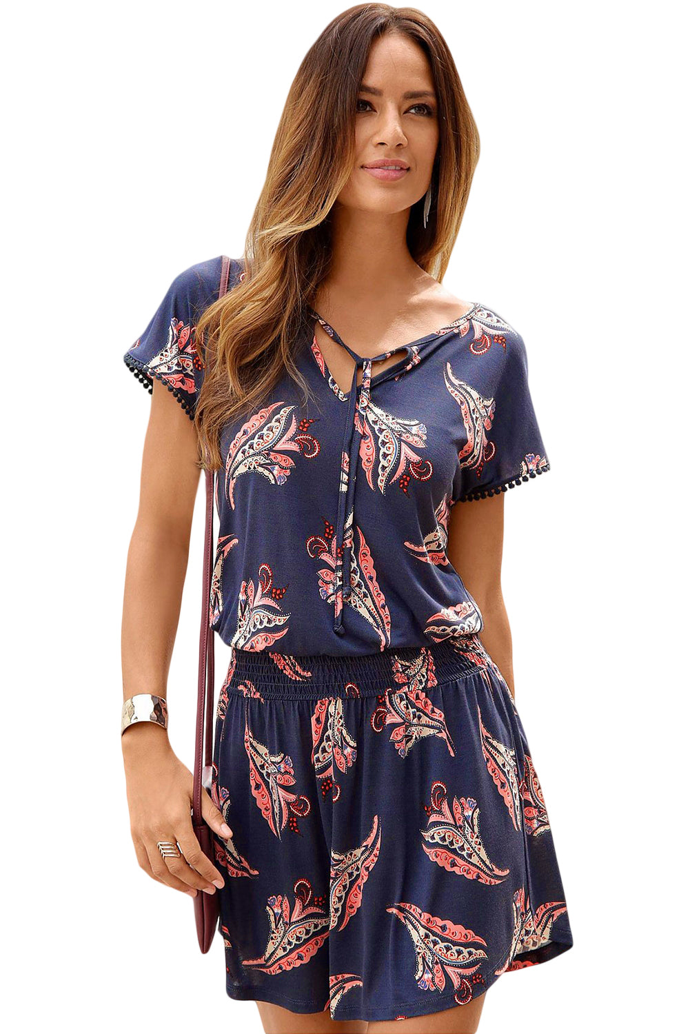 Blue Short Sleeve Paisley Print Dress