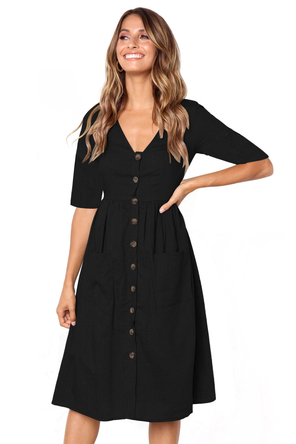 Black Button Front Midi Dress with Pockets
