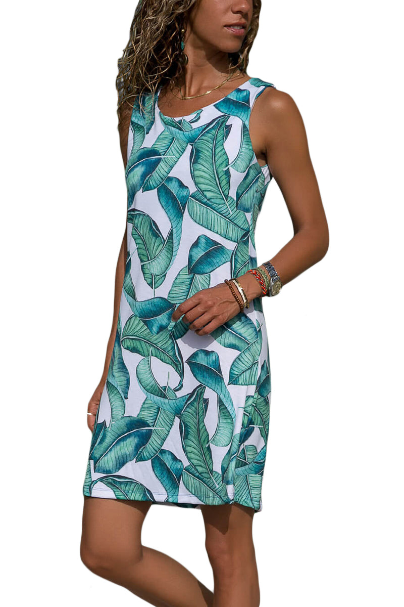 Blue/Green Leaf Print Tank Dress