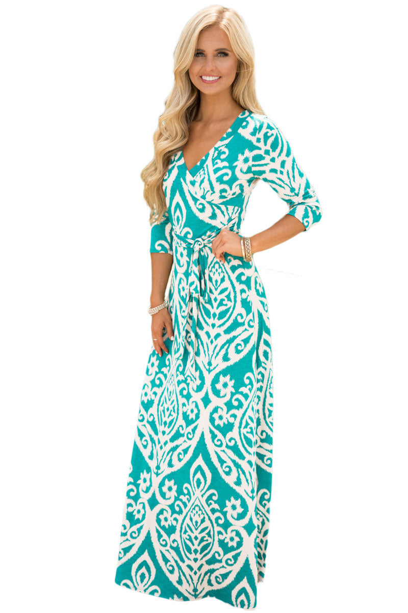 Mint Ivory Damask Print Wrap V Neck Boho Dress