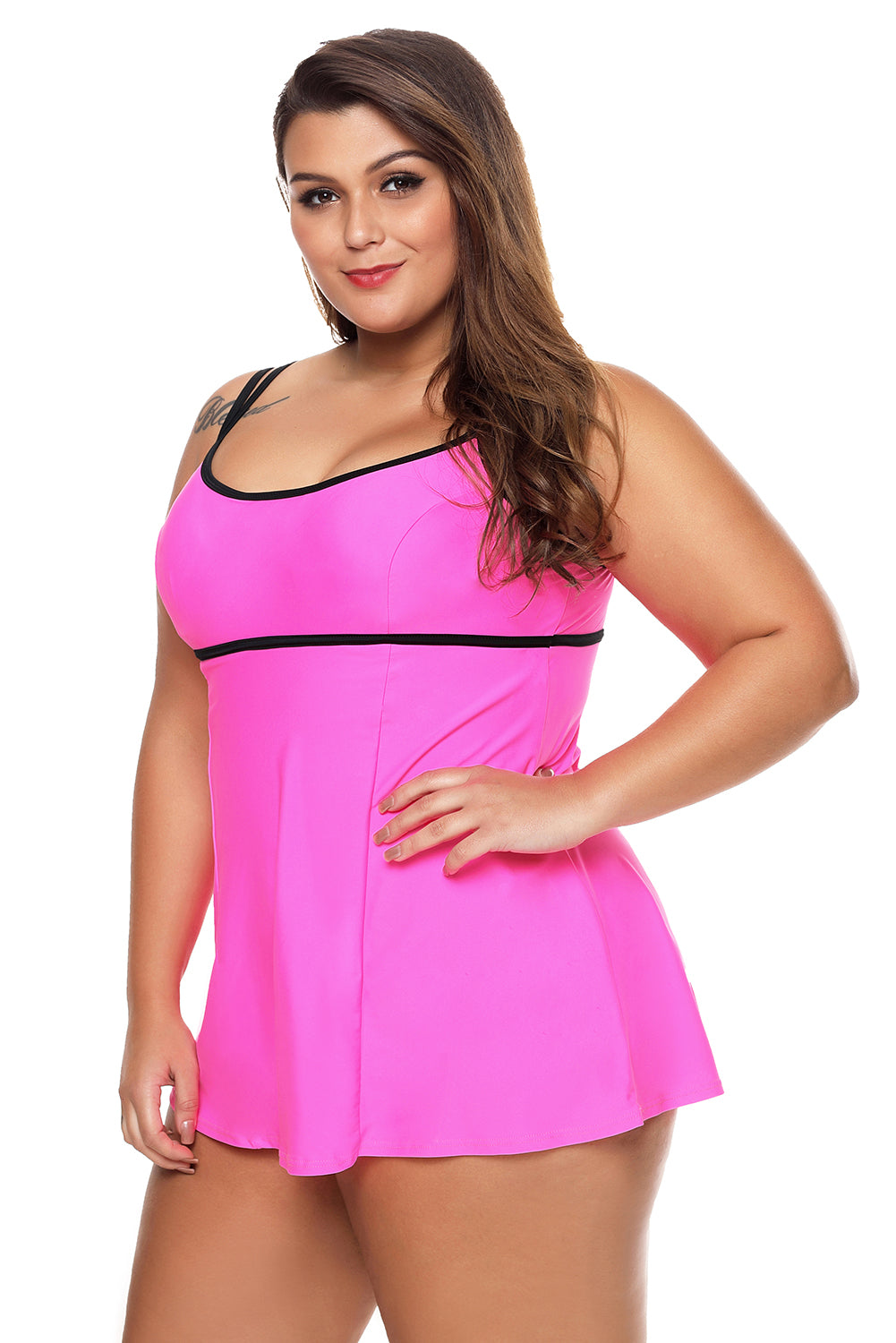 Stylish Double Shoulder Straps Rosy One-piece Swimdress