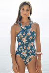 Blue One-piece Floral Printing Swimsuit