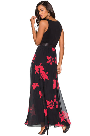 Black & Red Floral Mesh Skirt Sleeveless Maxi Dress