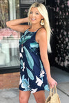 Palm Tree Leaf Print Navy Sleeveless Dress