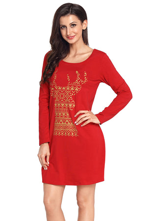 Geometric Snowflake Reindeer Red Christmas T-shirt Dress