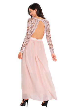 Pink Open Back Long Sleeve Crochet Maxi Party Dress