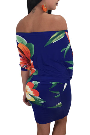 Batwing Sleeve Skew Neck Royal Blue Floral Bodycon Dress