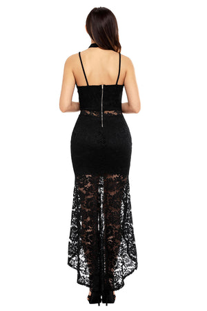 Black Floral Lace Choker High Low Dress