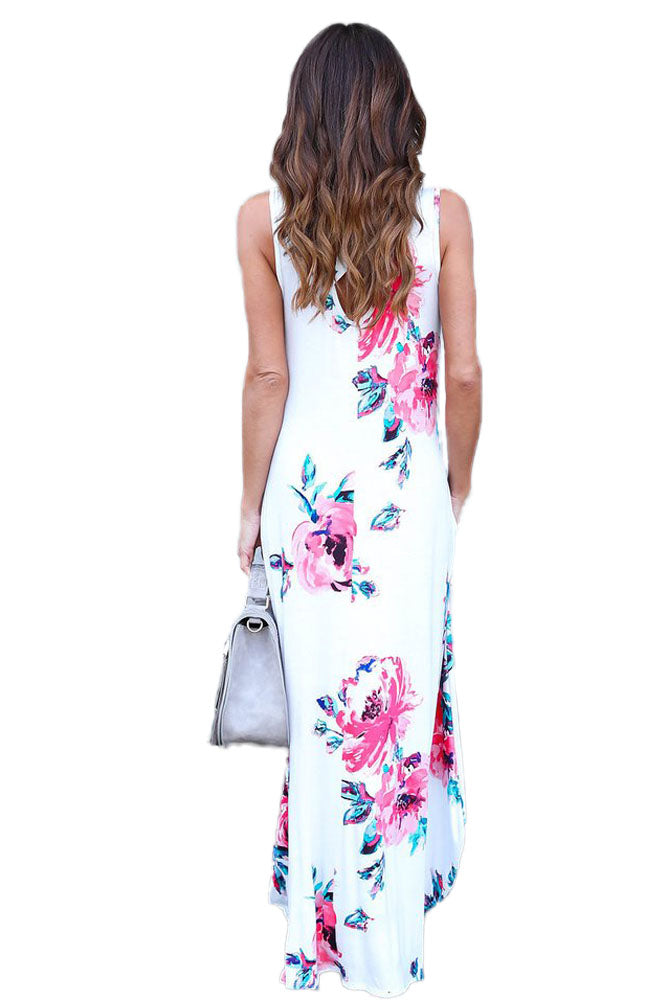 White Floral Pocketed Holiday Maxi Boho Dress