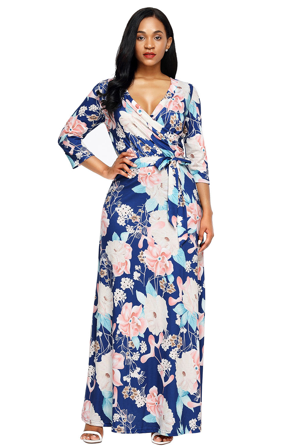 Slate Blue Floral Print Wrapped Long Boho Dress