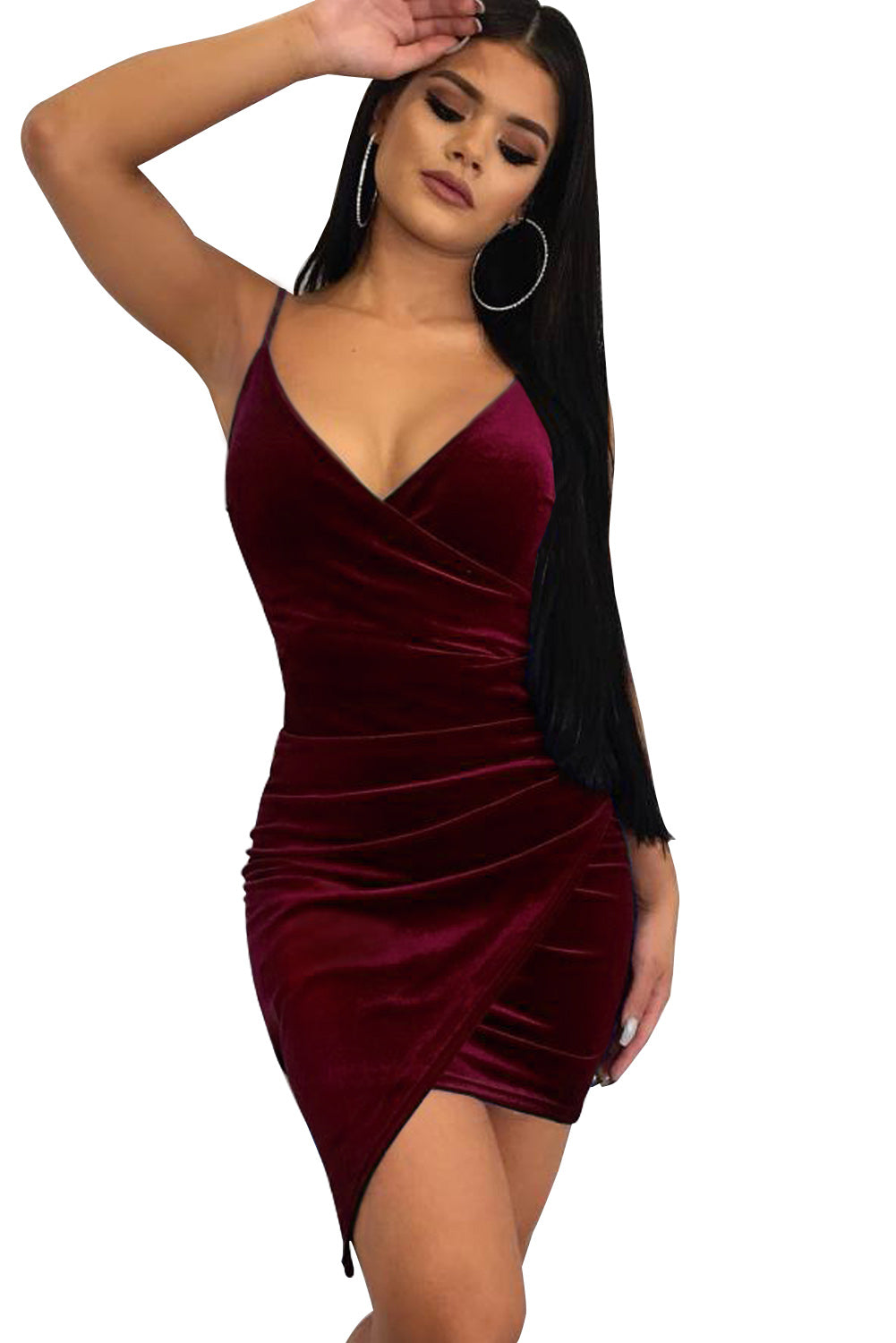 Red Wrapped V Neck Ruched Velvet Mini Dress