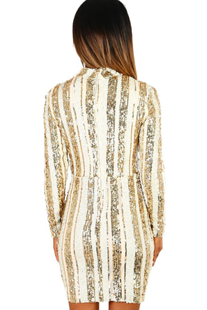 Life Of The Party Gold And Nude Sequin Long Sleeve Mini Dress
