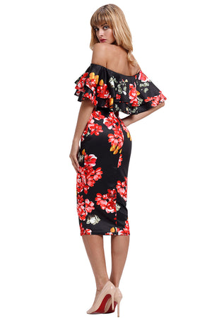 Black Red Floral Layered Ruffle Off Shoulder Midi Dress