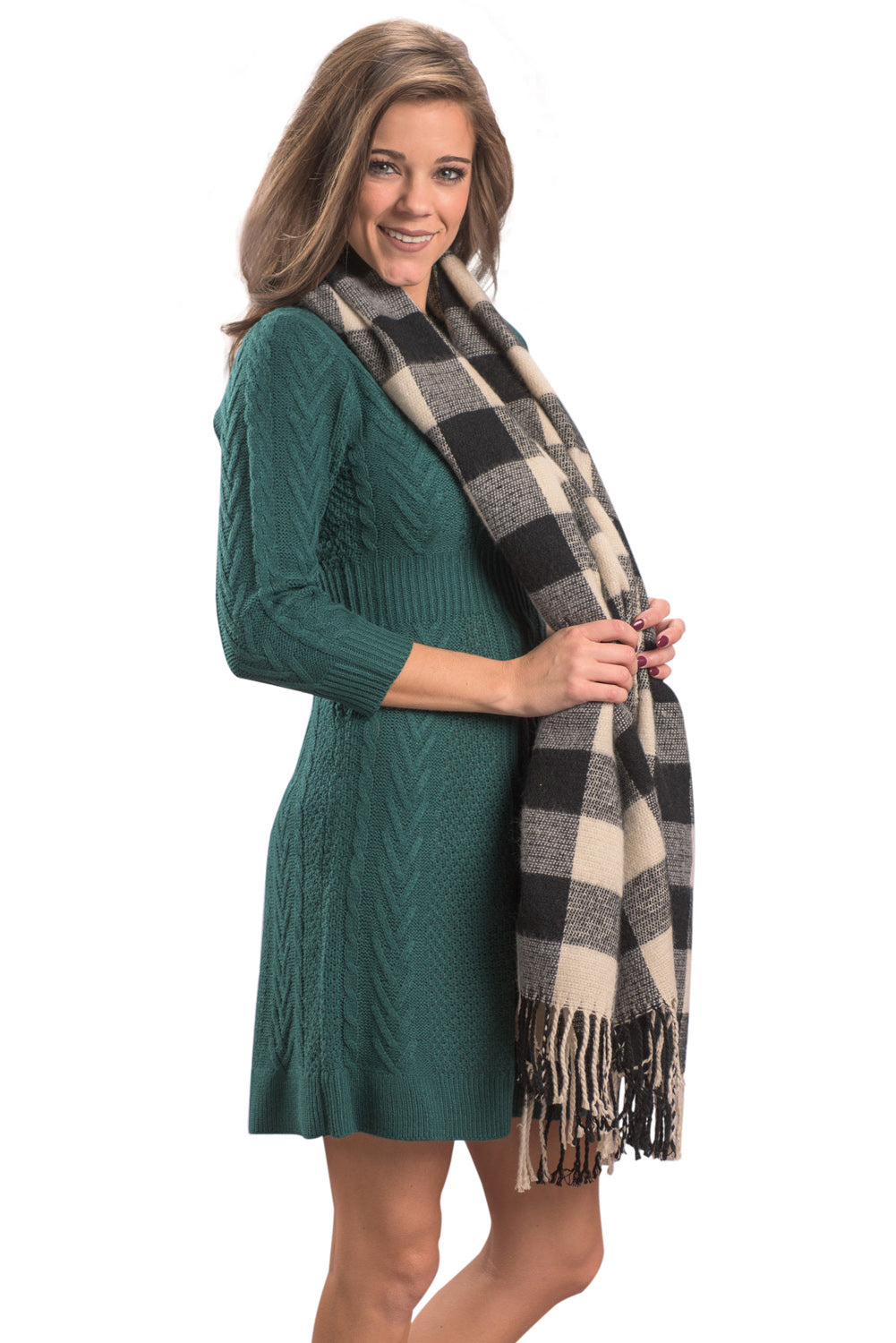 Green Cable Knit Fitted 3/4 Sleeve Sweater Dress