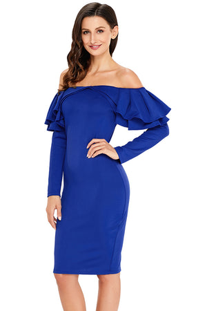 Royal Blue Ruffle Off The Shoulder Long Sleeve Bodycon Dress