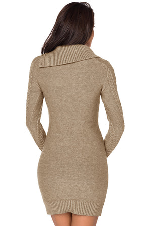 Asymmetric Buttoned Collar Apricot Bodycon Sweater Dress