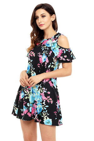 Ruffled Cold Shoulder Black Floral Dress