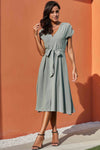 Chic V Neckline Buttons Design Green Midi Dress