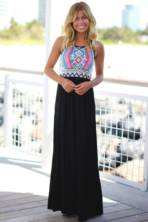 Stylish Tribal Print Sleeveless Black Maxi Dress