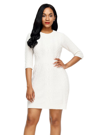 White Cable Knit Fitted 3/4 Sleeve Sweater Dress