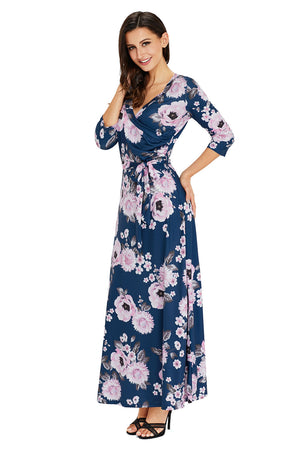 Navy Blue Blooming Flower Print Wrap V Neck Boho Dress
