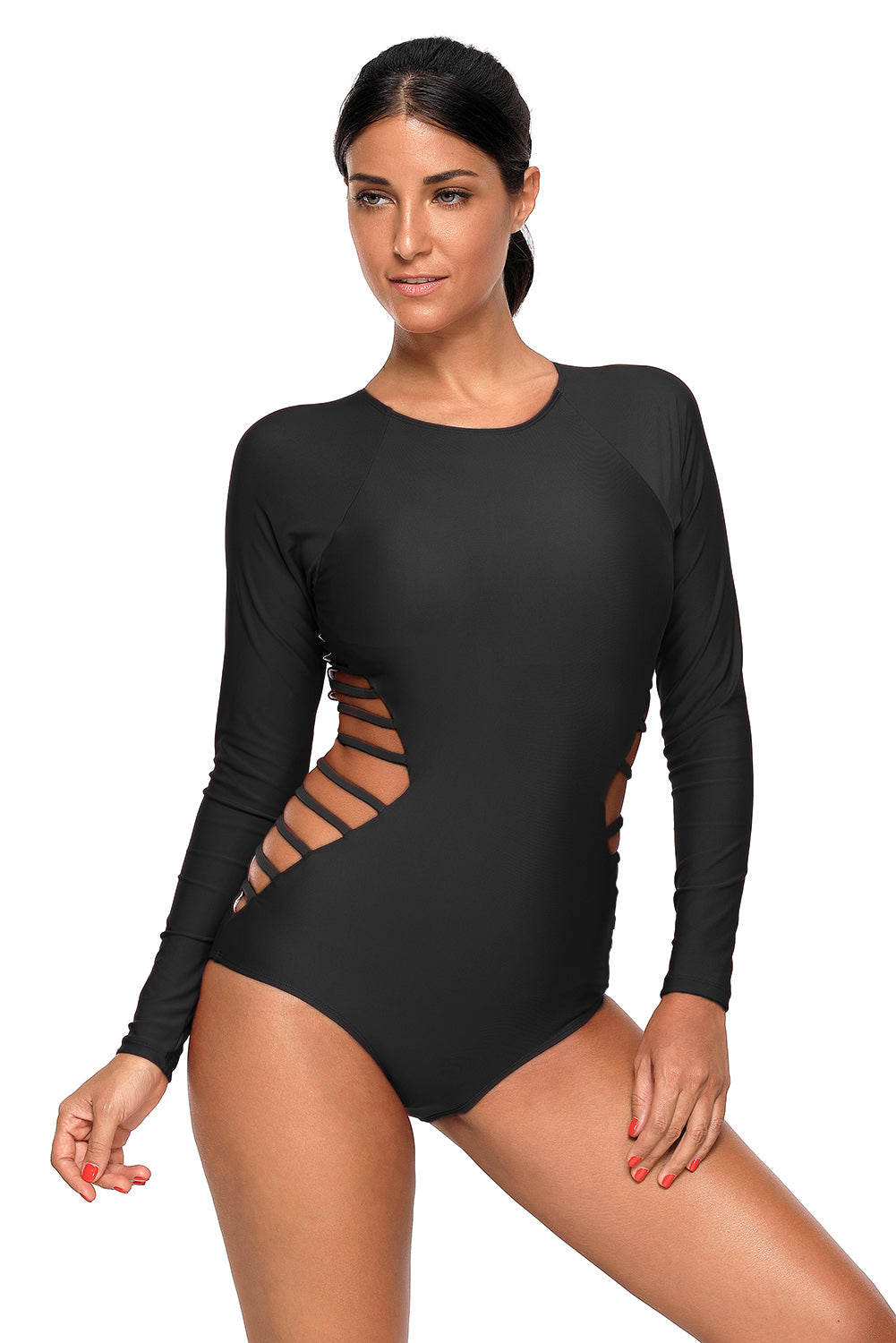 Black Long Sleeve Strappy Hollow-out One-piece Surf Swimsuit