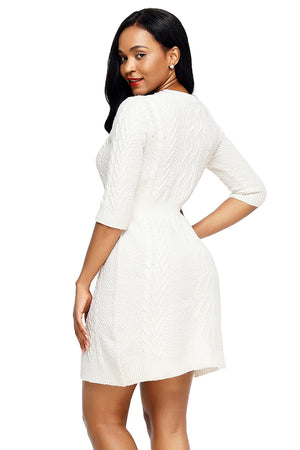 White Cable Knit Fitted 3/4 Sleeve Sweater Dress