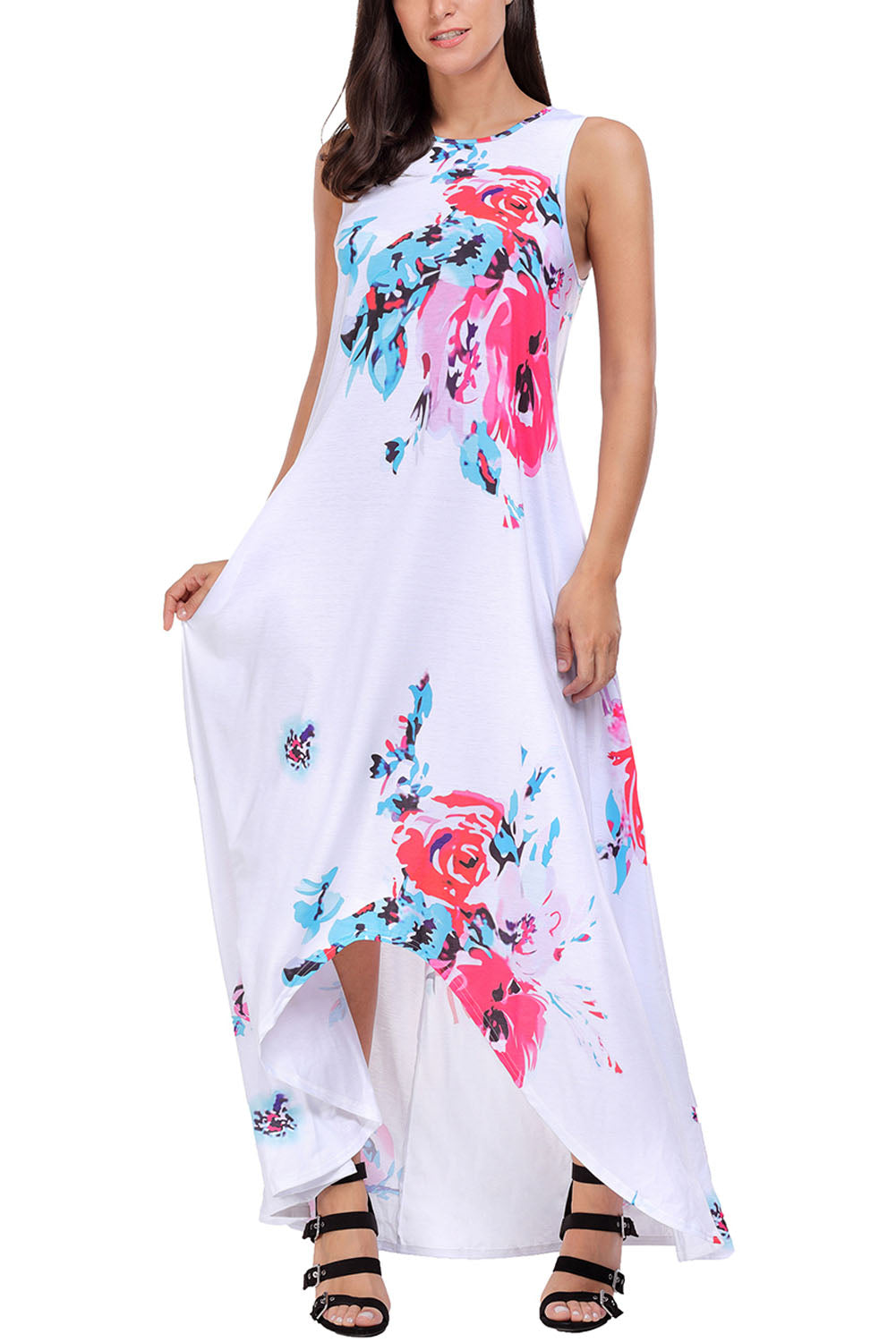 White Floral Pocketed Holiday Maxi Boho Dress