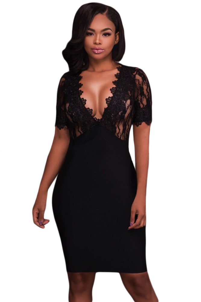 Black Deep V Neck Mesh Lace Sexy Bodycon Bandage Dress
