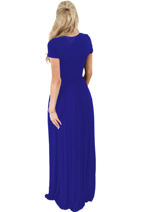 Blue Short Sleeve Ruched Waist Maxi Dress