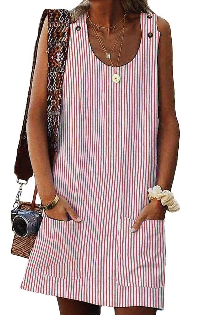 Pink Boho Crew Neck Pockets Daily Striped Shift Dress
