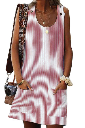 Pink Boho Crew Neck Pockets Daily Striped Shift Dress