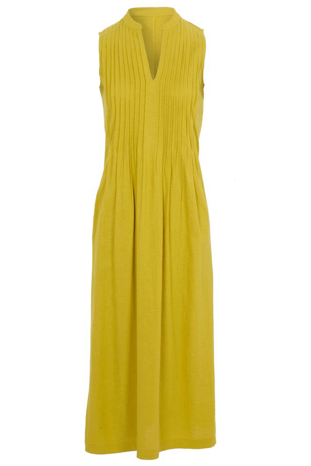Yellow V Neck Pleated Sleeveless Dress